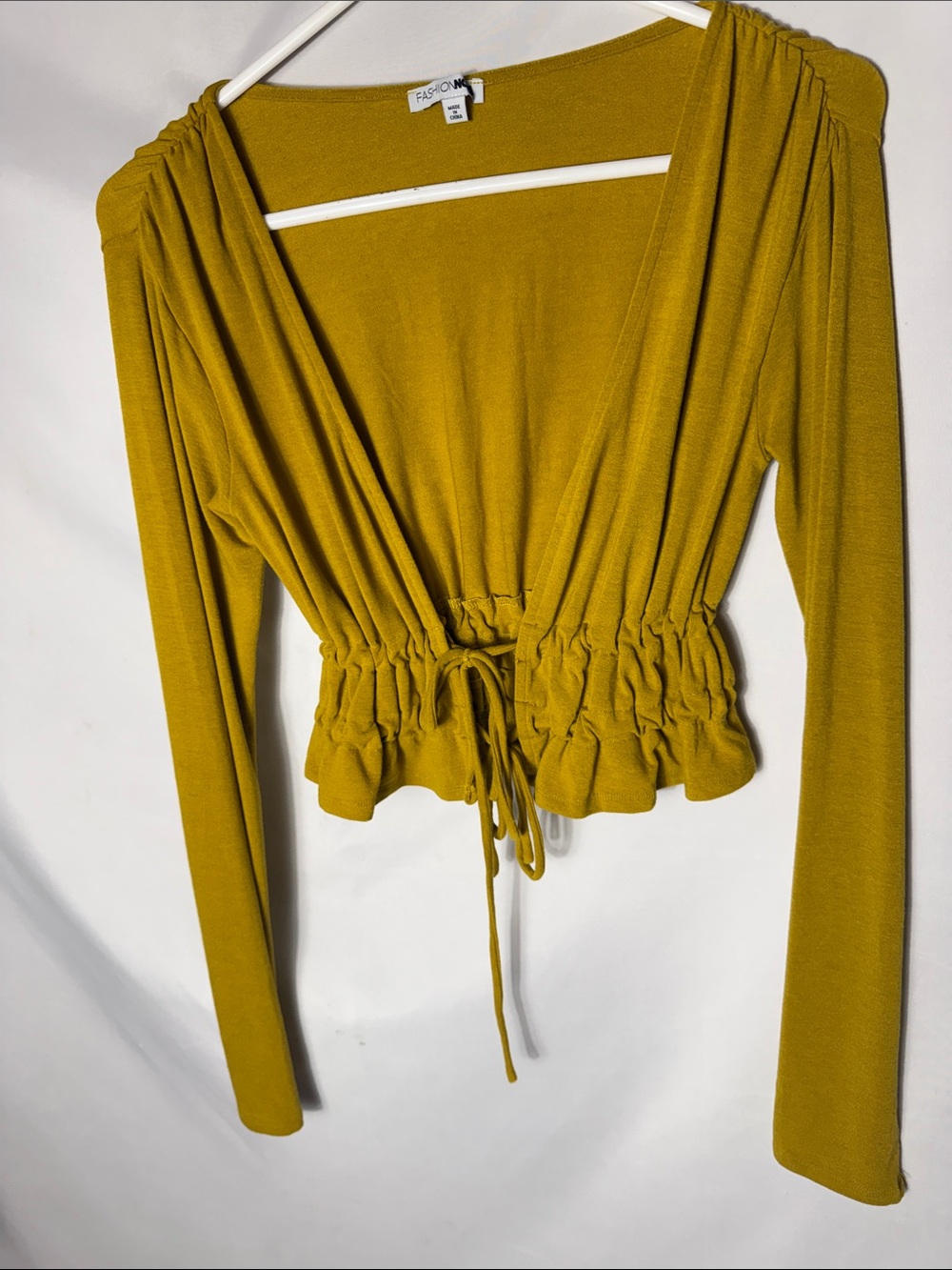 Fashion Nova Olive-Mustard Ruched Drawstring Long Sleeve Crop Top
